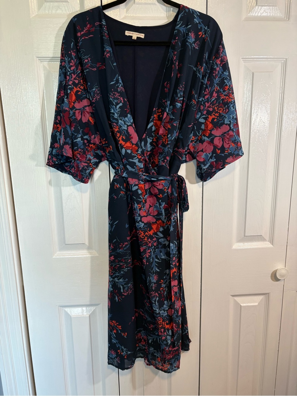 Women's Navy Floral Wrap Midi Dress with Red & Pink Blooms